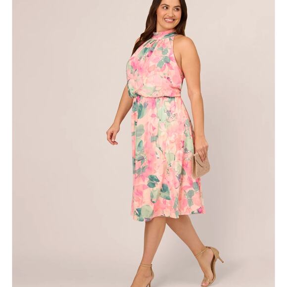 Adrianna Papell Floral Print Chiffon Halter Mock Neck Dress Blush Multi, Plus 16 - Picture 7 of 7